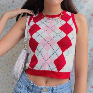 Sweet Argyle Plaid Pull Gilet Femmes Mignon Tricoté Crop Top Tee Y2K Preppy Style Tricots Jumpers Automne Hiver 210510