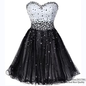 Sweet Black and White Crystal Pailletten Korte Homecoming Jurk 2021 Sweetheart Beading Lace Up Tulle Plus Size Graduation Cocktail Prom Party Gown H02