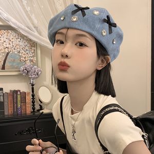 Sweet Bow Strass Denim Baret Hoeden Vrouwen Lente en Zomer Koreaanse Tonen Gezicht Kleine Schilder Pompoen Cap Casual Baretten