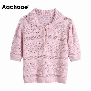 Doux nœud papillon rose pull femmes été col rabattu tricoté hauts pullover à manches courtes évider pulls 210413