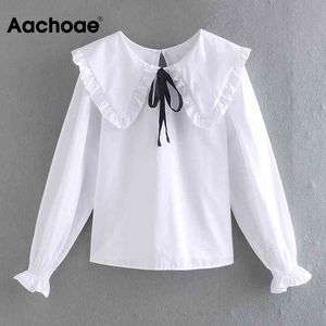 Chemisier blanc à volants avec nœud papillon doux pour femmes Peter Pan Collier Chic Tunique Tops Dames Manches longues Chemises décontractées Blouses 210413