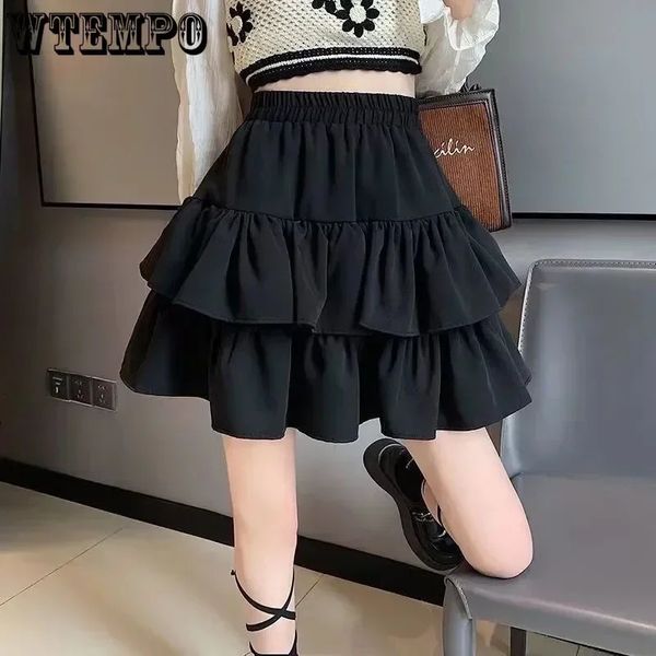 Cake dulce falda aline mujeres negras lindas cintura elástica hinchada linda estilo preppy color sólido moda coreana 240517