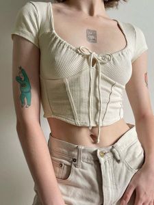 Sweet Casual Lace-up Corset Top Coquette Esthetische Korte Mouw T-shirt Vierkante Kraag Cropped Tops Koreaanse Leuke Tees Y2k