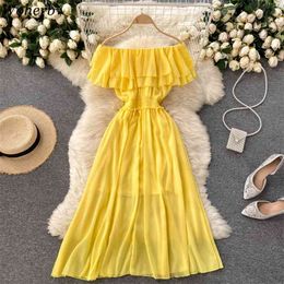 Sweet Chiffon Off Shoulder Dress Dames Elegante Slash Neck Solid Robe Korean Chic Summer Vestidos Casual Jurken 210519