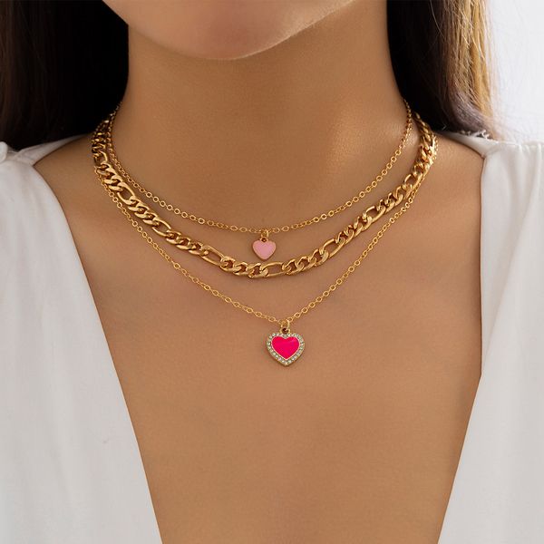 Ensemble de colliers avec pendentif en forme d'amour, couleur rose doux et frais, chaîne de cou empilée pour femmes, cadeau de rencontre, bijoux créatifs