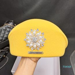 Bérets en feutre de laine à fleurs de diamant pour femmes, chapeau d'hiver jaune, casquettes de peintre français