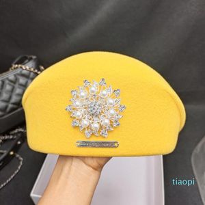 Bérets en feutre de laine à fleurs de diamant pour femmes, chapeau d'hiver jaune, casquettes de peintre français