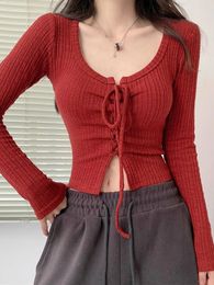 Mode douce pull tricoté femmes printemps automne à manches longues à lacets haut court Style coréen élégant mince hauts pullover Y2k vêtements 240313