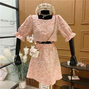 Sweet Fashion Two Piece Set Femmes Rose Puff Sleeve Sexy Chemise courte Crop Top + Taille haute A-Line Jupes Costumes 2pcs Outifts 210514