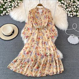 Dulce vestido Midi Floral para mujer elegante con cuello en V linterna manga larga drapeado Línea A Vestidos casuales Vestidos de primavera para mujer 240126