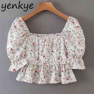 Sweet Floral Print Crop Top Femmes Puff Sleeve Square Col Vacances Été Sexy Tops Streetwear Blouse courte SDP9298 210514