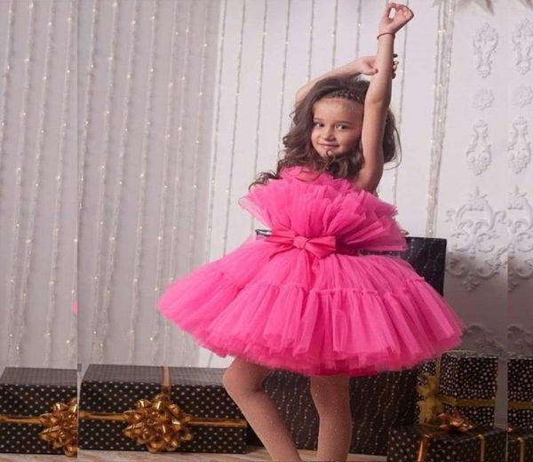 Sweet Flower Girls Robes Fuchsia Tiered Bow Sash Tulle Tutu Girls Pageant Robe Short Kids Robes d'anniversaire Real Images Communion 9611311