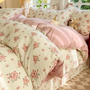 Juego de cama de 4 piezas con estampado de flores dulces, sábanas cepilladas, juegos de edredón, funda nórdica, colchas para cama doble 240202