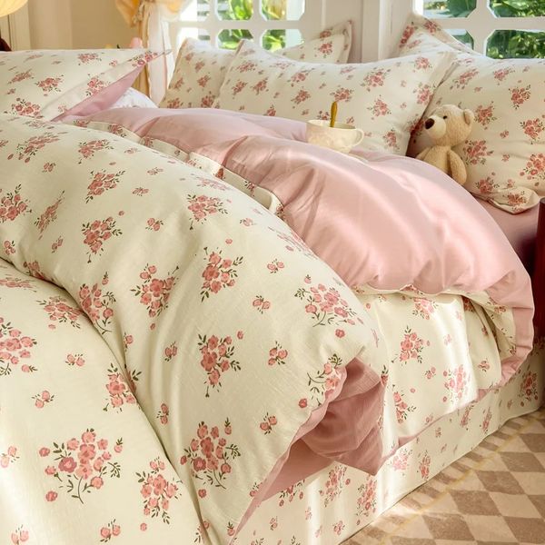 Juego de cama de 4 piezas con estampado de flores dulces, sábanas cepilladas, juegos de edredón, funda nórdica, colchas para cama doble 240113