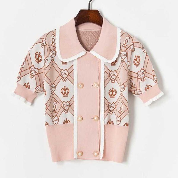 Doux frais col claudine rose Cardigan pour femmes élégant tout match bureau dame été chandails bouton conception femmes hauts 210525