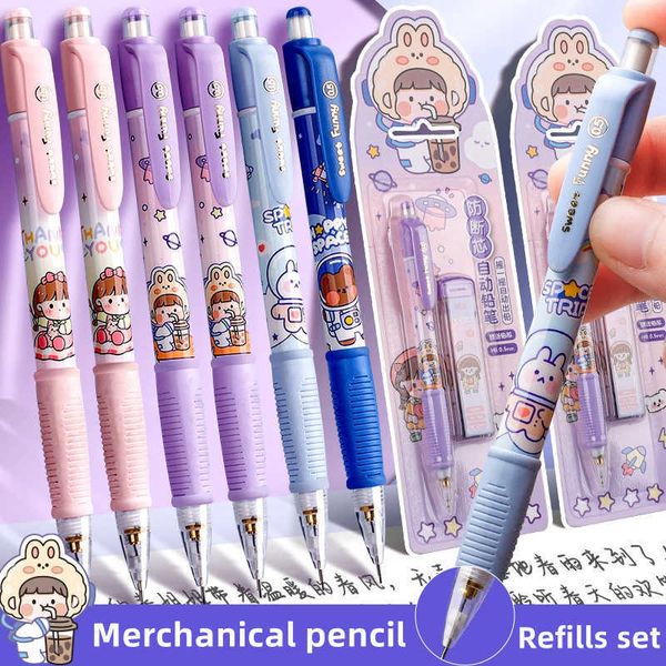 Dulce juego de lápices mecánicos divertidos Diseño de conejo de dibujos animados Pluma automática con 12 piezas HB 0.5mm Recargas Borrador de plomo Estudiante A7202