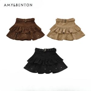 Sweet Girl Cute Pearl Belt Lace-Up Slim Fit Mini Rok Winter Dikke Preppy Style Pure Color All-Match Kawaii Y2K Skirts 240419