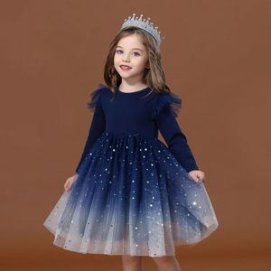 Sweet Girls Party Night Robe Starry Gradient Long Short Mancheve Princesse Bubble Fashion Robe Childrens Clothes Girls Robes 240507