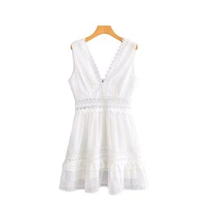 Doux filles doux coton col en V robe été mode dames bureau femmes couleur unie frangé taille haute Mini 210515