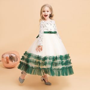 Zoet groen/ivoor met sieraad Lange mouwen Verjaardags-/feestjurken voor meisjes Optochtjurken voor meisjes Bloemenmeisjesjurken Meisjes Alledaags Rokken Kinderkleding SZ 2-10 D327238