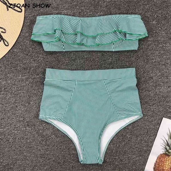 Sweet Green Striped Ruffle Bikini Off Shoulder Push-Up Boho Cintura alta Traje de baño Sin tirantes Dos piezas Traje de baño Ropa de playa 210429