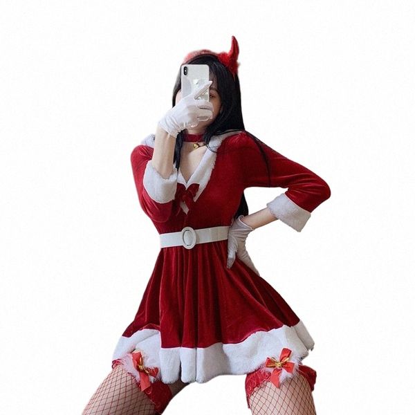 Doux Kawaii Noël Rouge Santa Dr Veet Lapin Oreille Fille Mascarade Fête De Noël Cosplay Maid Jupe Sexy À Capuchon Uniforme Ensemble 64xg #