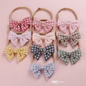 Zoete Kids Bowknot Haar Accessoire Classic Houndstooth Check Bow Kind Hoofdband Baby Zachte Traceless Nylon Haarband Princess Ornaments D186