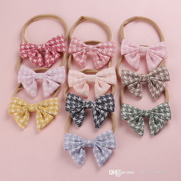 Doux enfants bowknot accessoire de cheveux classique pied-de-poule vérifier arc enfant bandeau bébé doux nylon sans trace bandeau princesse ornements D186