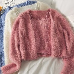 Zoete Koreaanse sets herfst vest v-hals lange mouwen roze mohair trui jas sexy bodem camisole tops wild sueters de mujer 211215