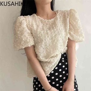 Zoete Koreaanse vrouw Shirts Causale Puff Sleeve O-hals Blouse Tops Zomer Folds Blusas Mujer de Moda 6J560 210603