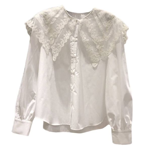 Sweet Lace Crochet Fleur Femmes Chemises Boutonnées Blouses Blanches Printemps Manches Longues Femmes Tops Coréen Tout Match Camisas Mujer 210514