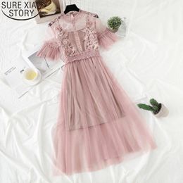 Süße Spitze Frauen Sommer Kurzarm Elegante Mesh Midi Langes Kleid Zwei-stück Sets Rüschen Kragen Vestido 13416 210417