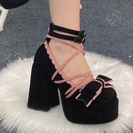Dulces tacones pequeños plataforma impermeable para mujer Mary Jane lazo francés lazo lolita zapatos individuales