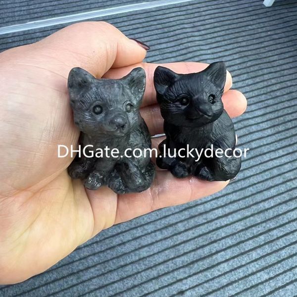 Sweet Little Natural Black Obsidian Fox Totem Regalos Adorable UV Reactive Flame Stone Yooperlite Crystal Animal Escultura Tallado Hogar Oficina Escritorio Adorno de mesa