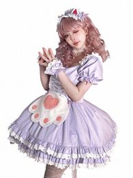 Dulce Lolita Princ manga corta OP Dr Puple Girls Cute Cat Paw Apr Maid Dres Japanese Tea Party Mini Dr Cosplay U2XE #