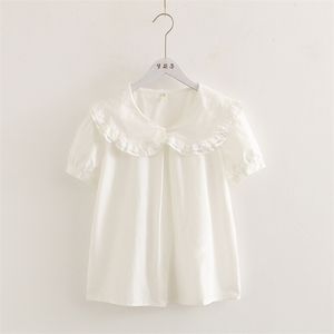 doux lolita chemise mori filles été style japonais frais col claudine manches courtes blanc solide coton blouse tops 210308