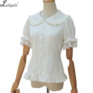 Chemise Sweet Lolita Chemise à manches courtes à manches bouffantes Fleur brodée Peter Pan Col Blanc Blouse à volants pour dames 210303