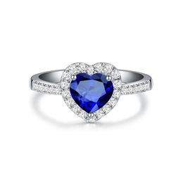 Anillos de banda de diseño de corazón de amor dulce para mujer, anillo de diamante de cristal blanco, azul, rojo, joyería de plata 925, regalo del Día de San Valentín