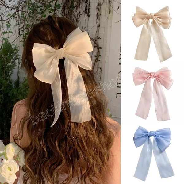 Sweet Mesh Streamer Barrettes tres capas lazo horquilla hilo de red Bowknot cinta pinza para el cabello sedoso Bowknot DIY accesorios para el cabello