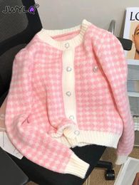 Doux col rond coeur bouton treillis épissage rose Cardigan pull mode lâche simple boutonnage Style Preppy pull tricoté 240112