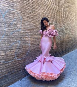 Zoete lichtroze zeemeermin Spaanse stijl prom jurken gegolfde geplooide tule rose schouder flamenco dansen avondjurk