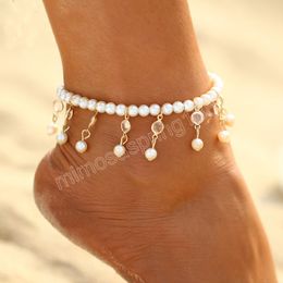 Cavigliera elastica in cristallo con perline di perle dolci Accessori per catene alla caviglia moda spiaggia estiva Accessori per gioielli con catena alla caviglia con fascino femminile