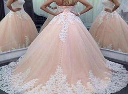 Zoete roze baljurk jurken avond slijtage strapless witte kanten appliques 2016 veter omhoog back prom jurken op maat gemaakte3290355