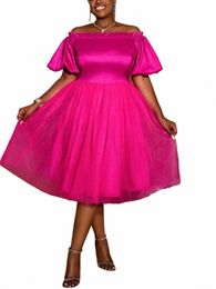 Dulce rosa vestidos de bola mujeres verano hinchado tul dr fiesta de cumpleaños volante dobladillo fuera del hombro talla grande celebrar eventos trajes R3EJ #