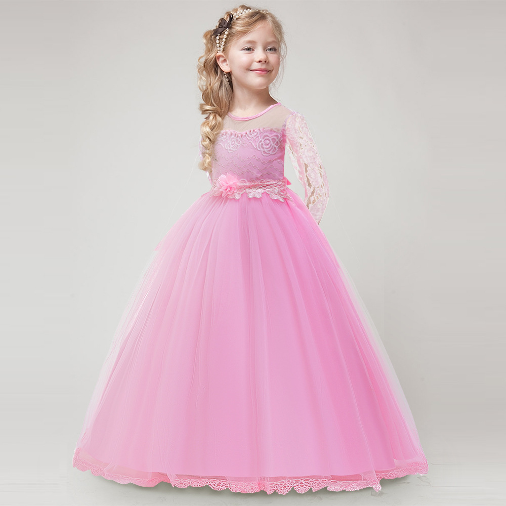 Sweet Pink Blue White Champagne långa ärmar Girls födelsedag/festklänningar Girl's Pageant Dresses Flower Girl Dresses Girls Everyday kjolar Kids 'Wear SZ 2-10 D329259