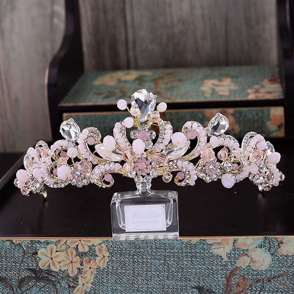 Tocado de novia de cristal rosa dulce, cadena para boda, flores de diamantes de imitación, Tiara, corona, diadema dorada para dama de honor, joyería para el cabello H0827