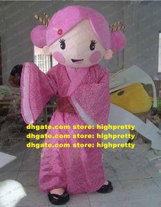 Zoet roze Japanse meid mascotte kostuum mascotte lassock met roze ronde wangen long pinkss kimono volwassene nr. 2808