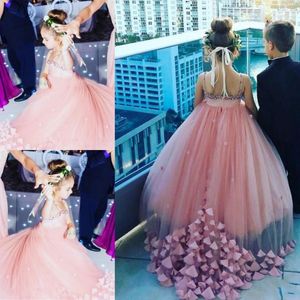 Zoete roze spaghetti meisjes pageant jurken tule baljurk prinses bloem meisje jurken voor bruiloft sweep trein baby prom feestjurk