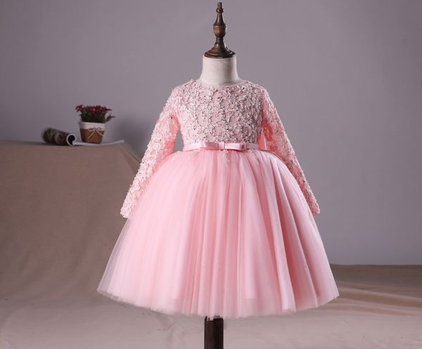 Dulce rosa blanco marfil mangas apliques cuentas vestido de niña de flores Vestidos de desfile para niña Vestidos de fiesta / cumpleaños Falda de niña personalizada SZ 2-12 D319042