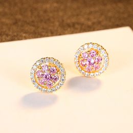 Zoet roze zirkoon bloemen vergulde 18k gouden stud oorbellen vrouwen sieraden microset edelsteen ronde voortreffelijke S925 zilveren oor naald oorbellen accessoires cadeau